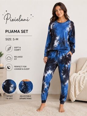 PIXIELANE Blue and Black Tie-Dye women Pajamas Set/size S-M